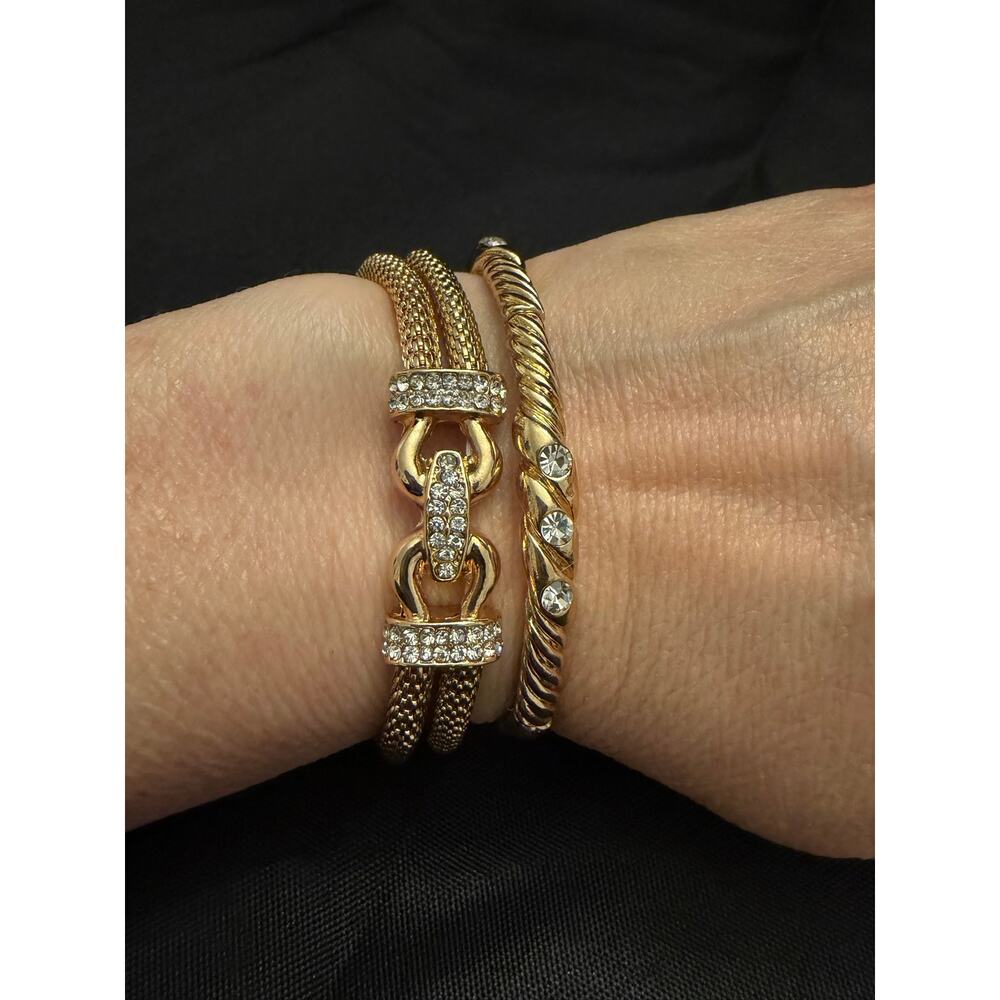 Gold Tone Elastic Rhinestone Mesh Buckle Expansion Stretch Bracelet Lot Set Sz 7 - Picture 4 of 10